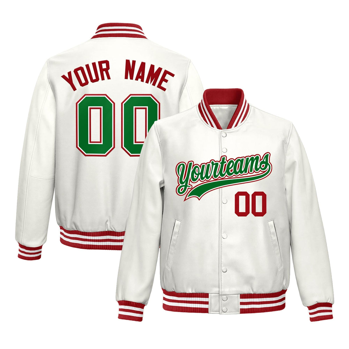 Custom White Kelly Green Jacket Full-Snap Varsity Faux Leather Letterman Jacket
