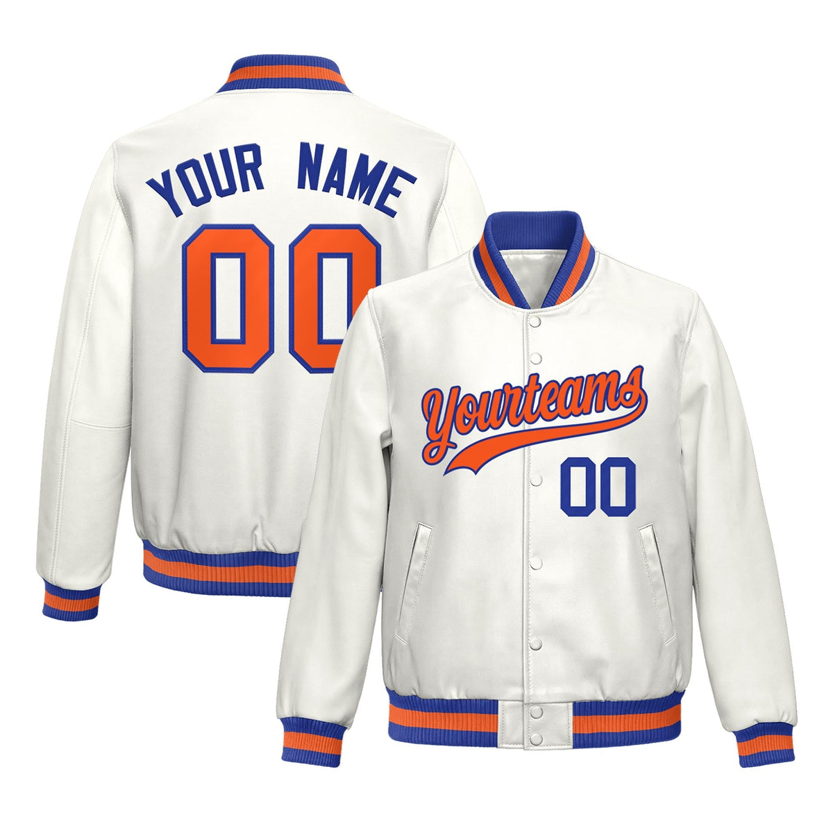 Custom White Royal Blue Orange Jacket Full-Snap Varsity Faux Leather Letterman Jacket