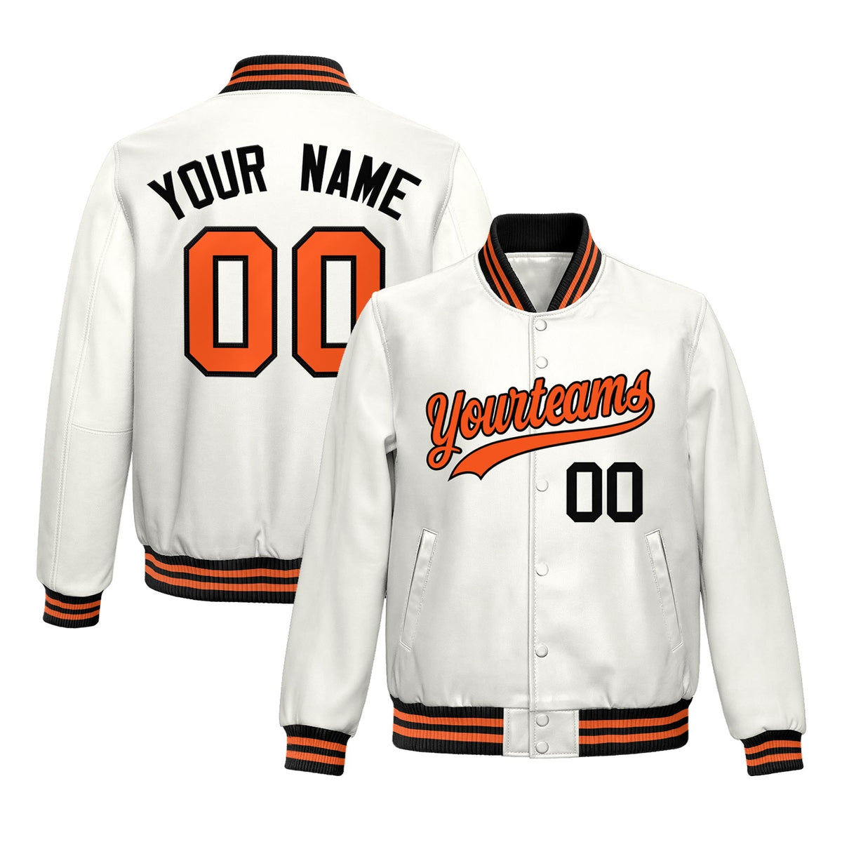 Custom White Orange Jacket Full-Snap Varsity Faux Leather Letterman Jacket