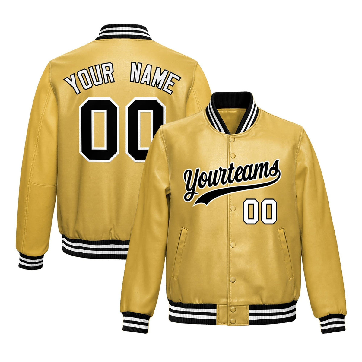 Custom Khaki Black Jacket Full-Snap Varsity Faux Leather Letterman Jacket