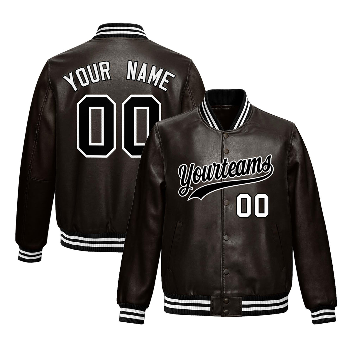 Custom Brown Black Jacket Full-Snap Varsity Faux Leather Letterman Jacket