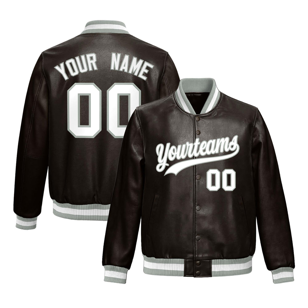 Custom Brown Gray Jacket Full-Snap Varsity Faux Leather Letterman Jacket