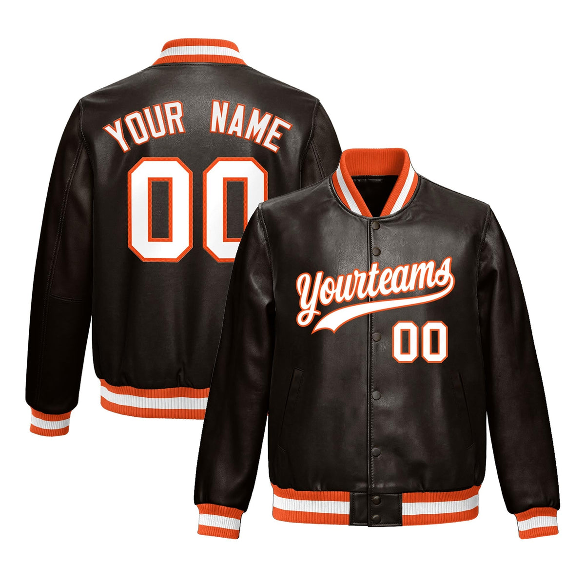 Custom Brown Orange Jacket Full-Snap Varsity Faux Leather Letterman Jacket