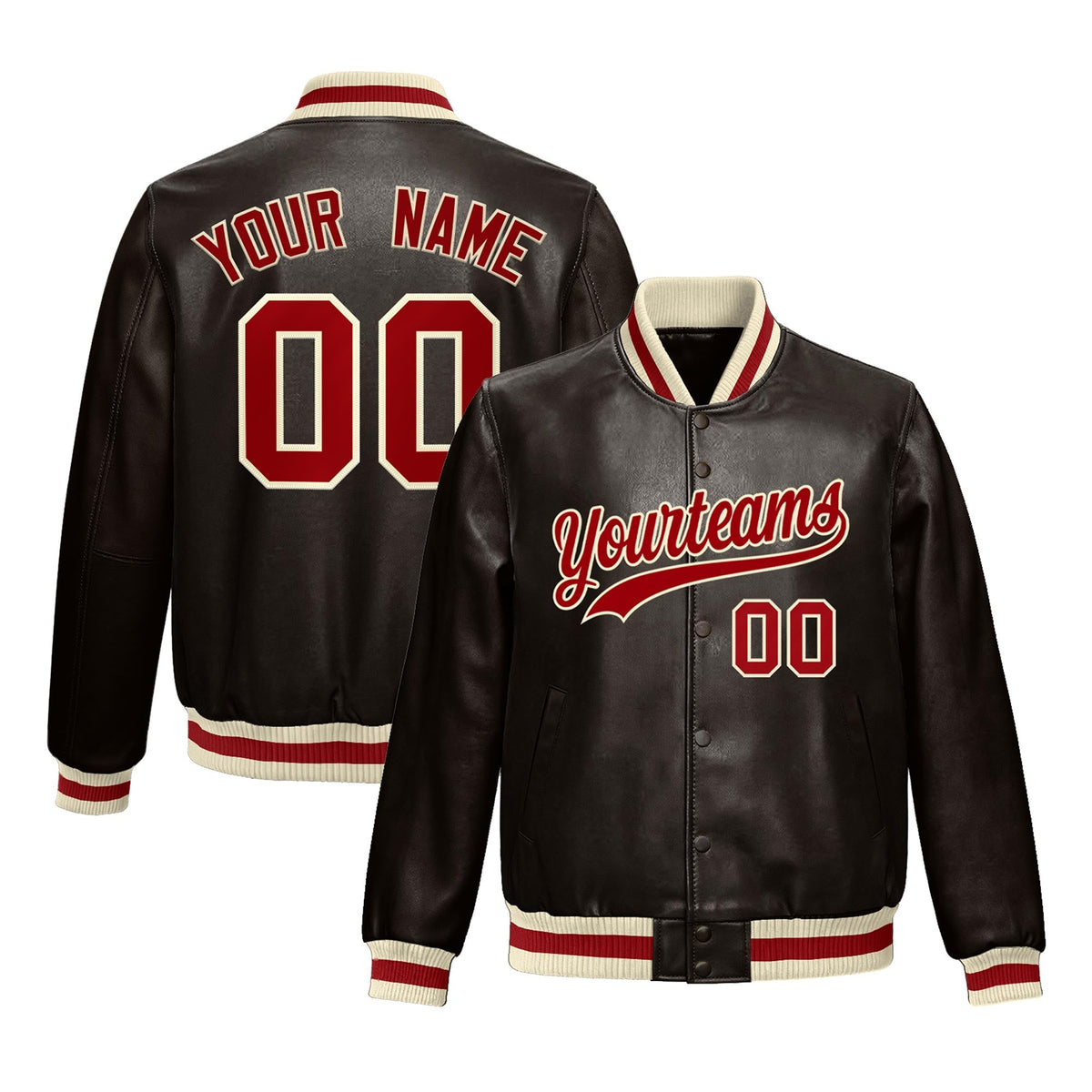 Custom Brown Red Cream Jacket Full-Snap Varsity Faux Leather Letterman Jacket