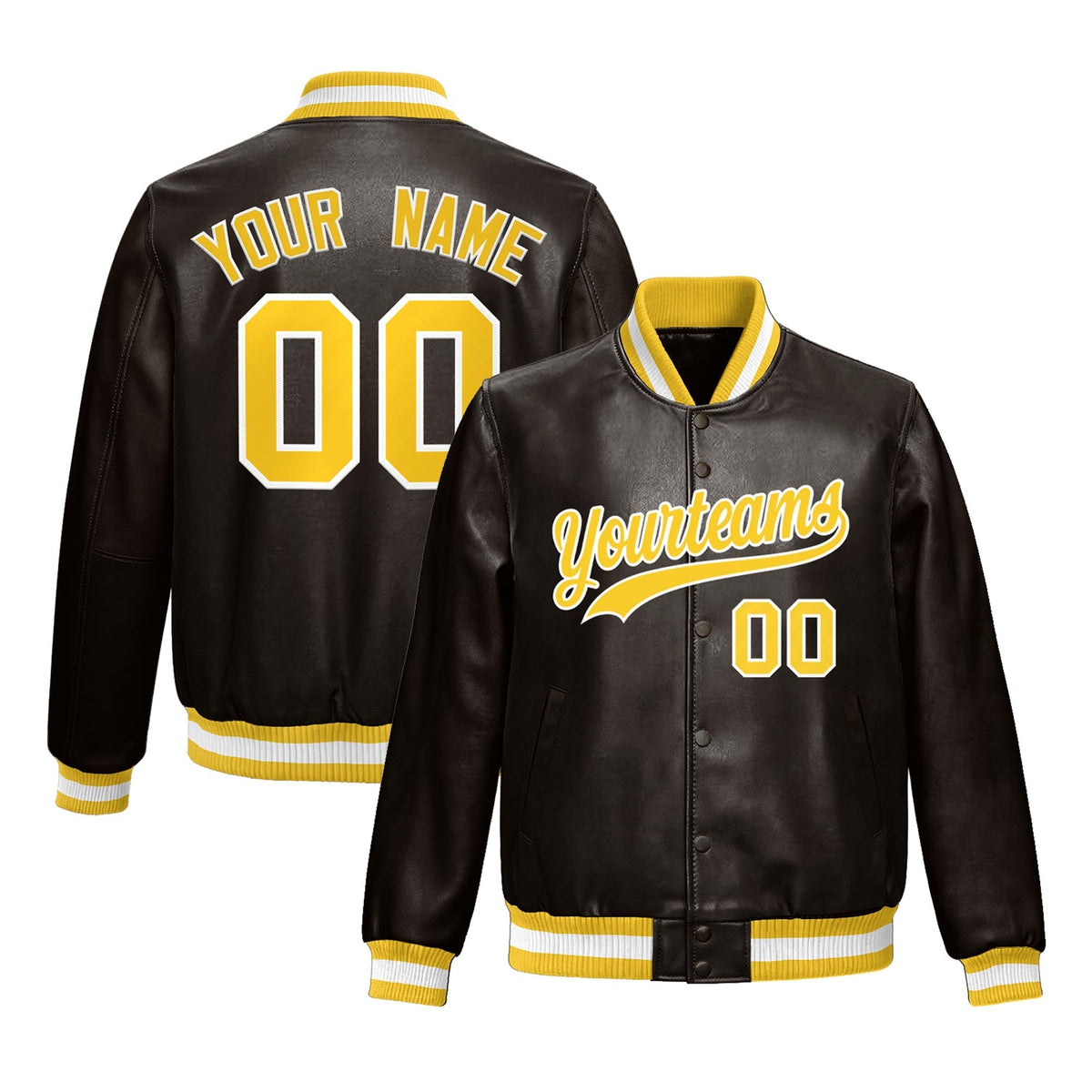 Custom Brown Yellow Jacket Full-Snap Varsity Faux Leather Letterman Jacket