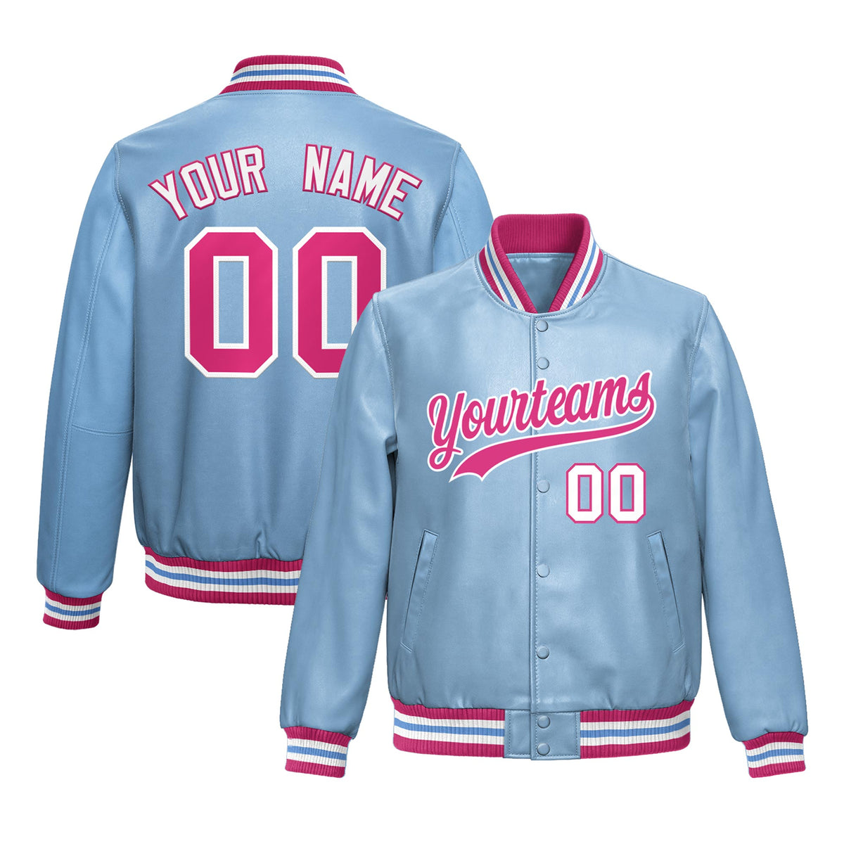 Custom Powder Blue Pink Jacket Full-Snap Varsity Faux Leather Letterman Jacket