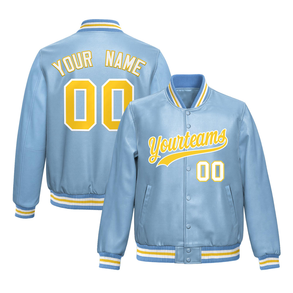 Custom Powder Blue Gold Jacket Full-Snap Varsity Faux Leather Letterman Jacket