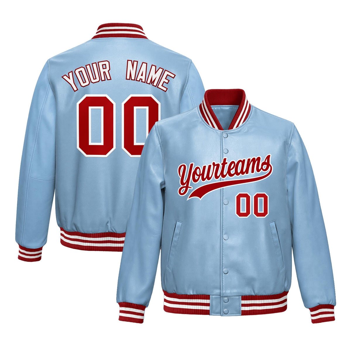Custom Powder Blue Red Jacket Full-Snap Varsity Faux Leather Letterman Jacket