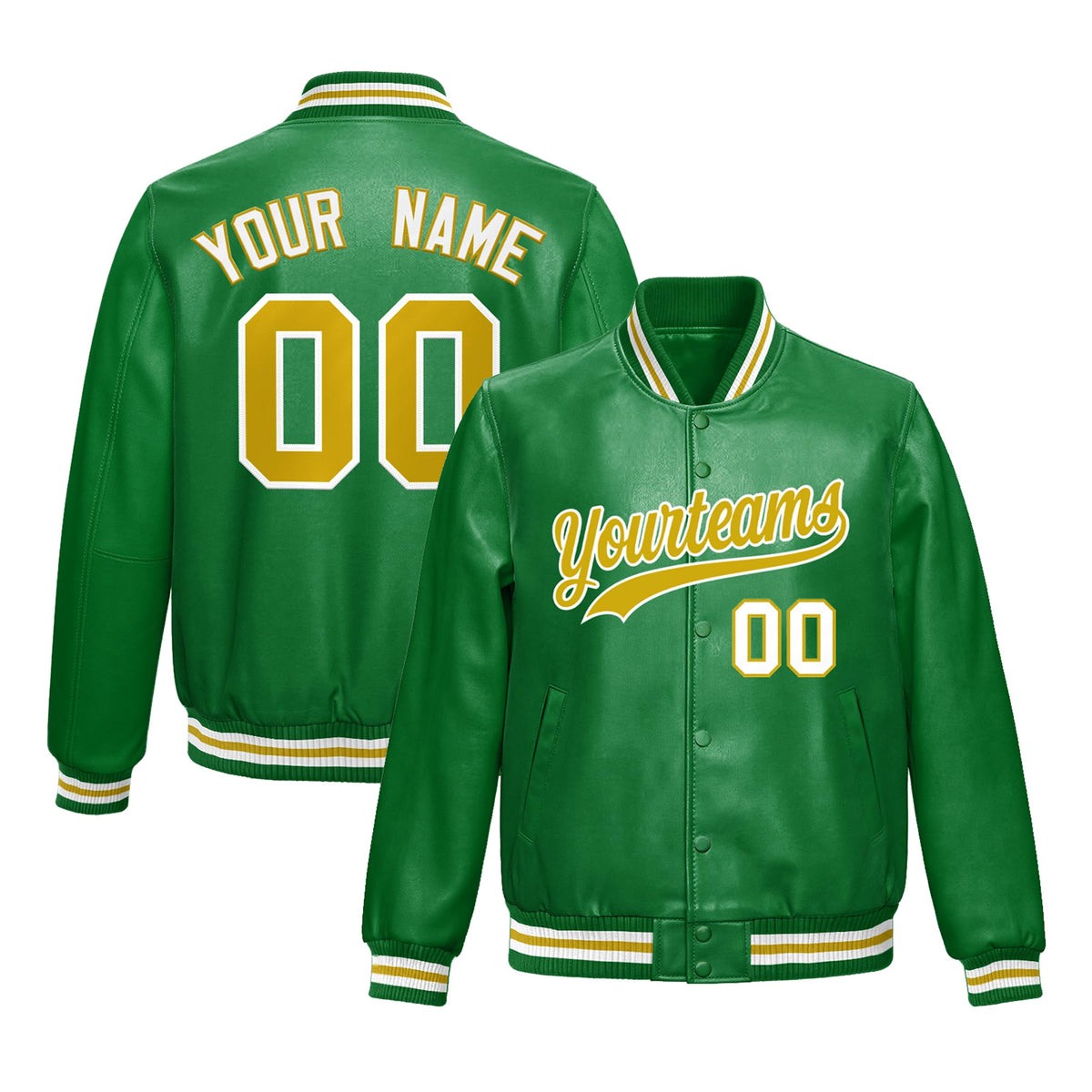 Custom Kelly Green Old Gold Jacket Full-Snap Varsity Faux Leather Letterman Jacket