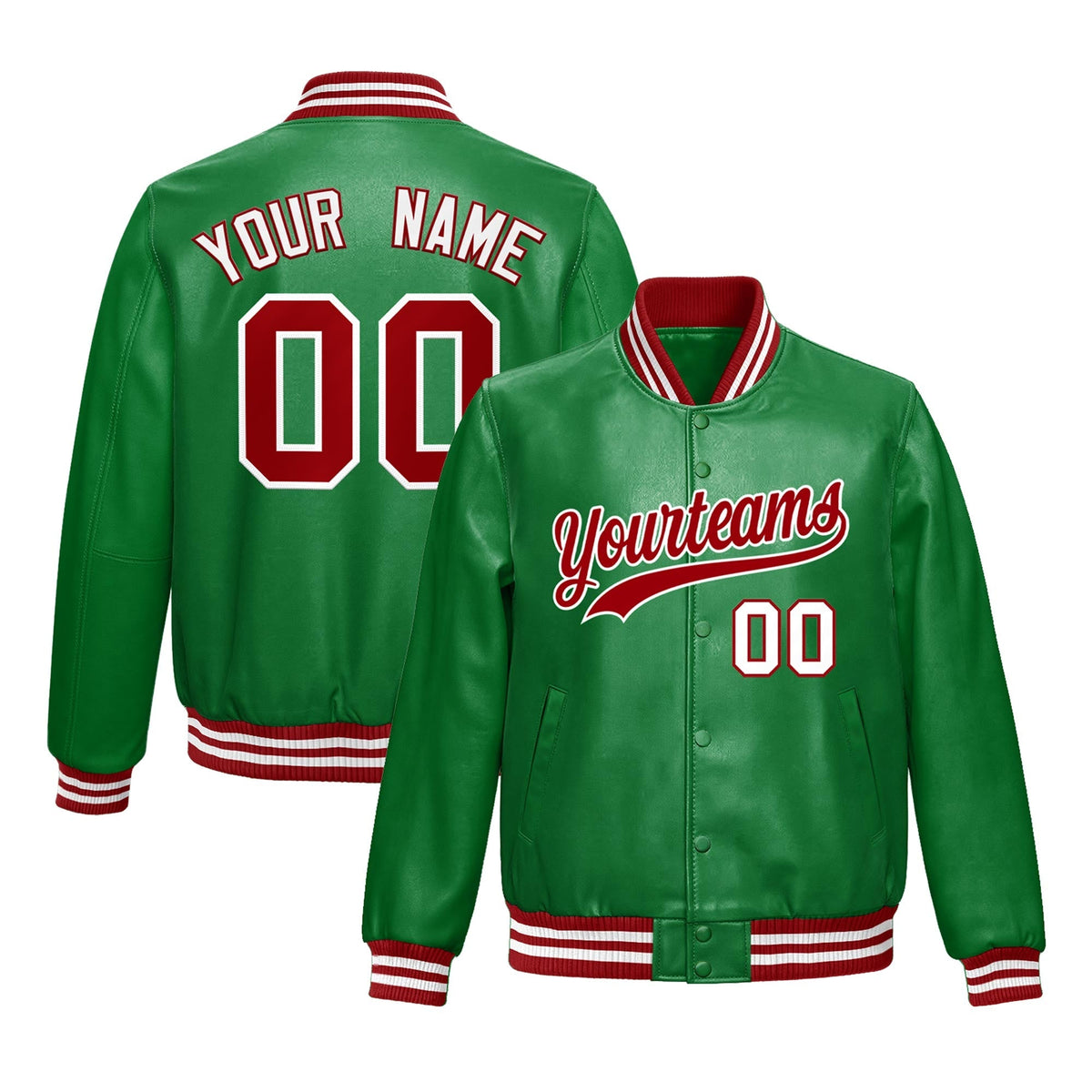 Custom Kelly Green Red Jacket Full-Snap Varsity Faux Leather Letterman Jacket