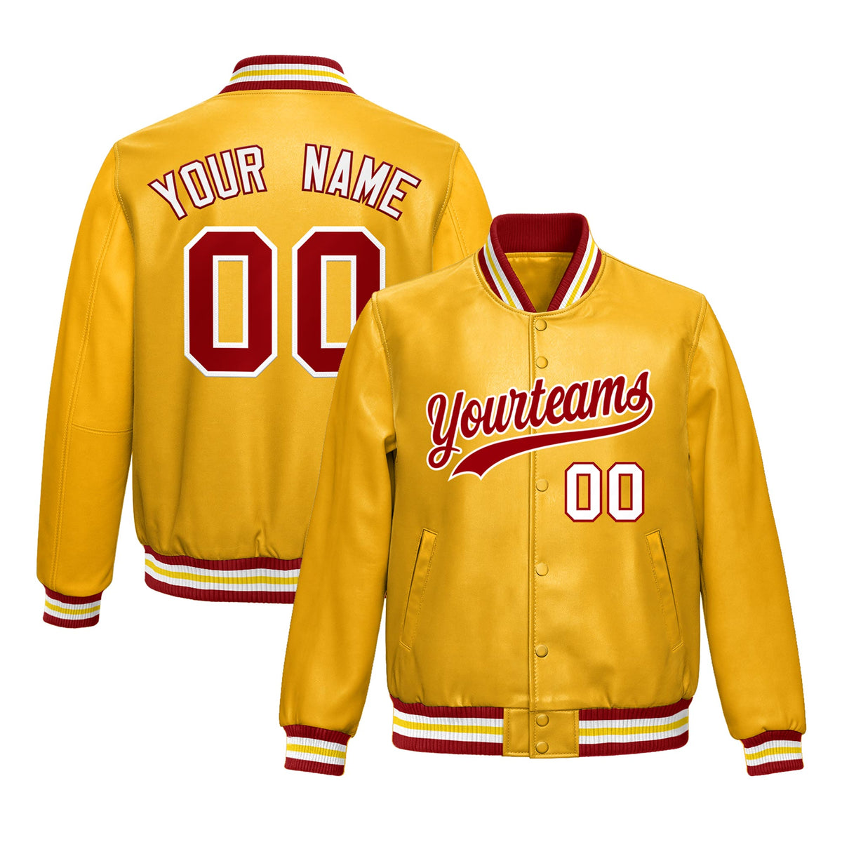 Custom Yellow Red Jacket Full-Snap Varsity Faux Leather Letterman Jacket