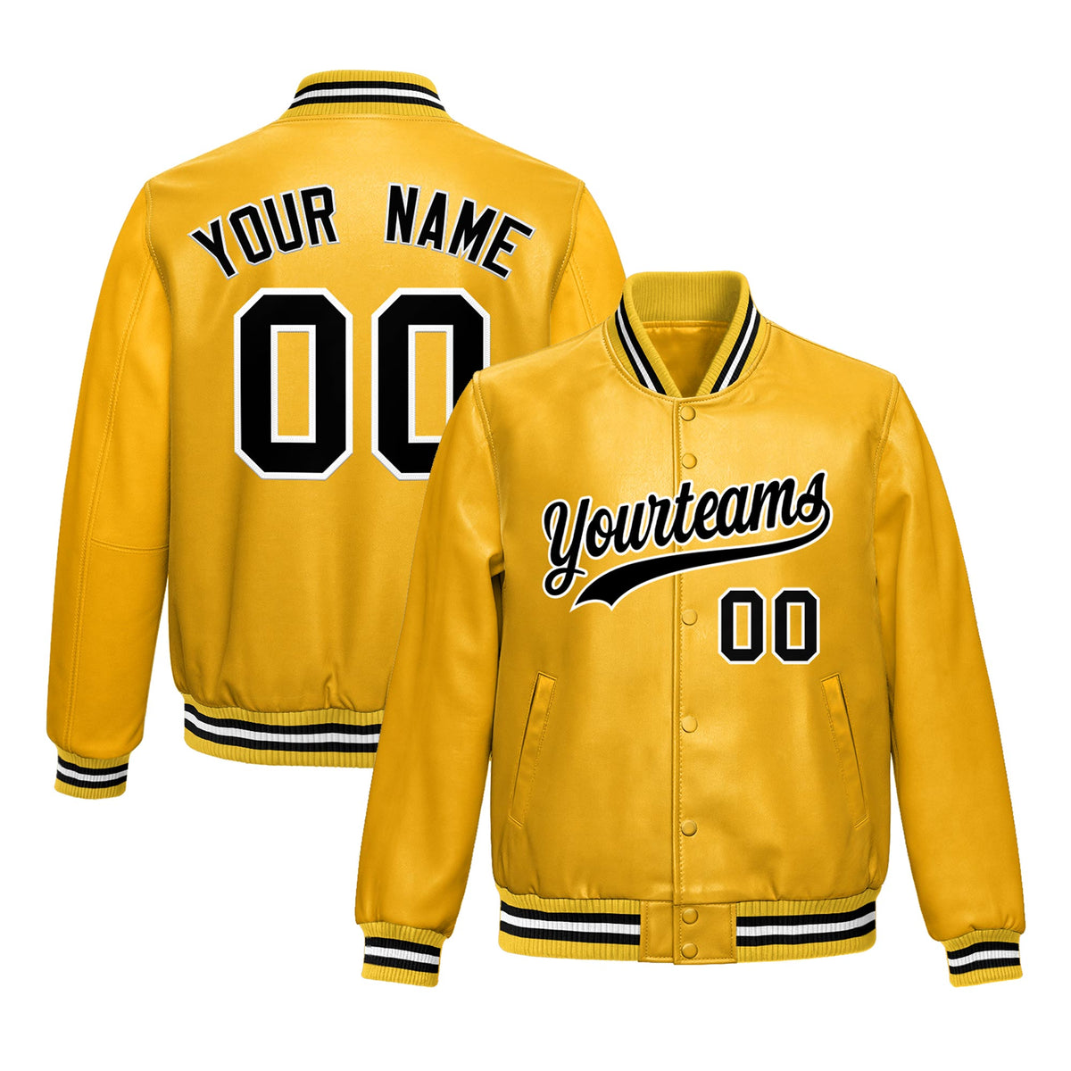 Custom Yellow Black Jacket Full-Snap Varsity Faux Leather Letterman Jacket