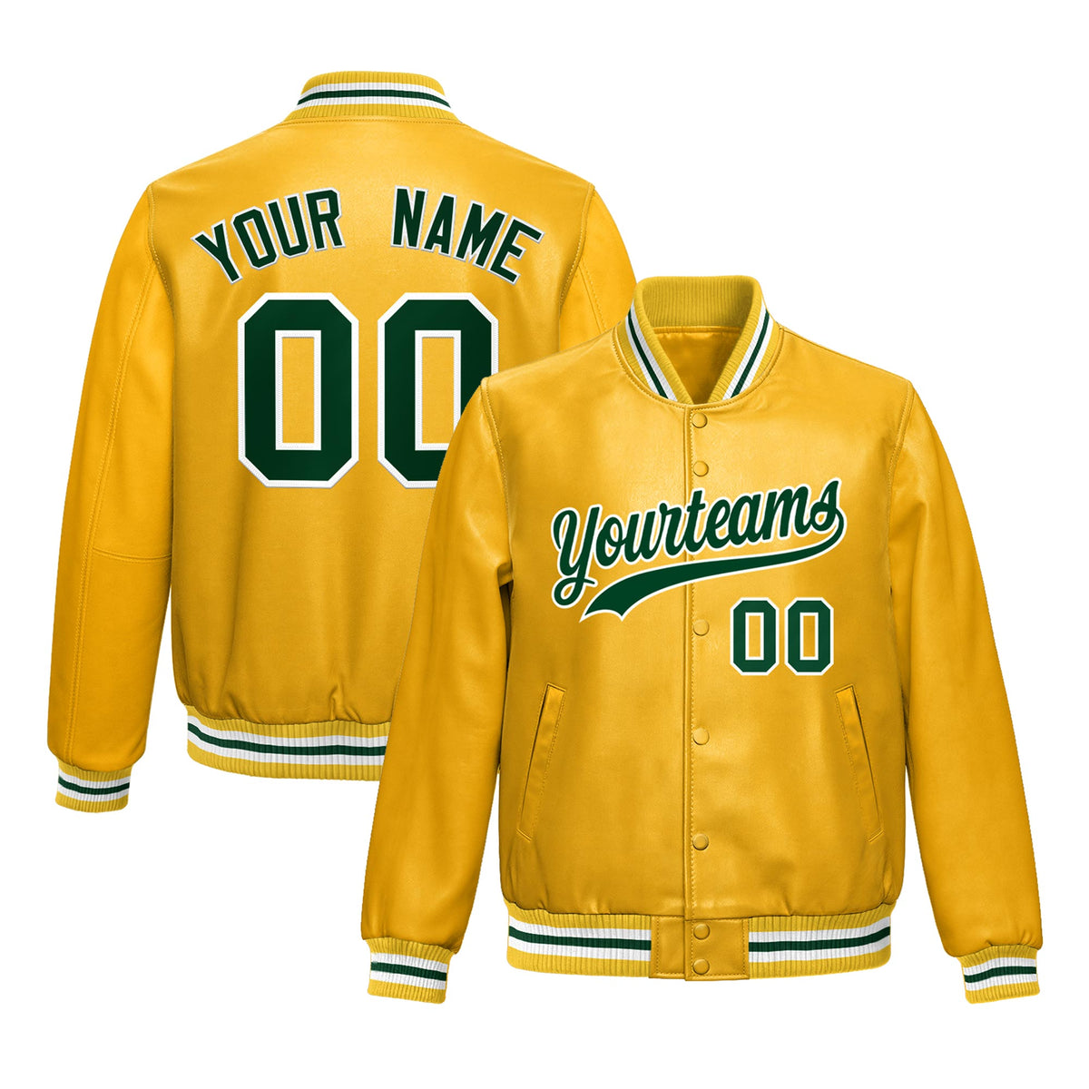 Custom Yellow Dark Green Jacket Full-Snap Varsity Faux Leather Letterman Jacket