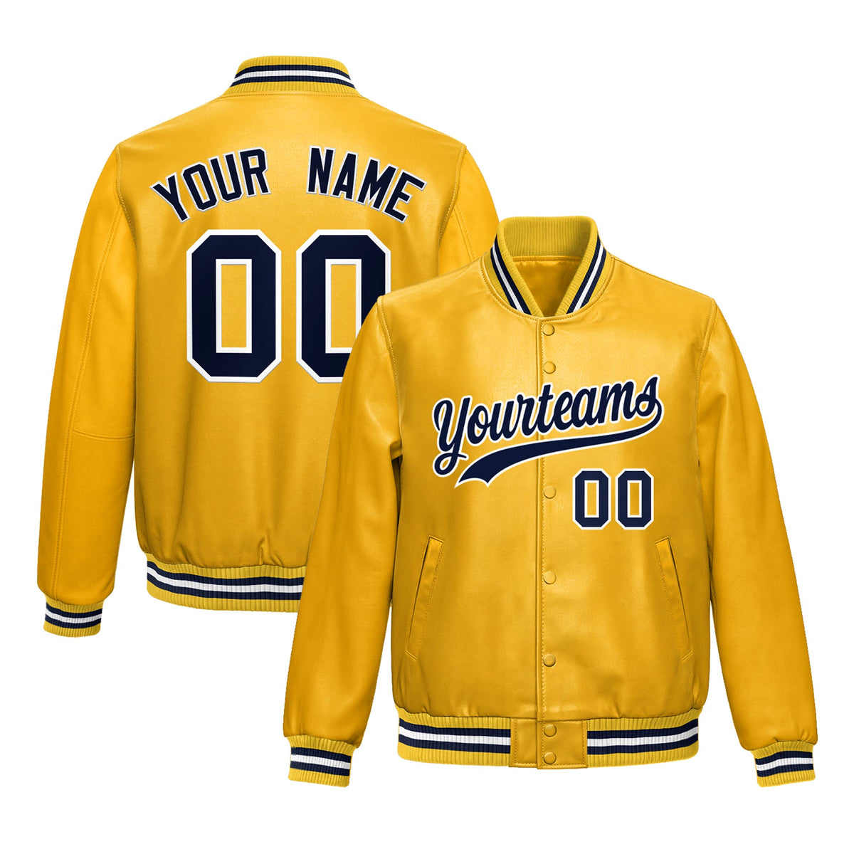 Custom Yellow Navy Jacket Full-Snap Varsity Faux Leather Letterman Jacket