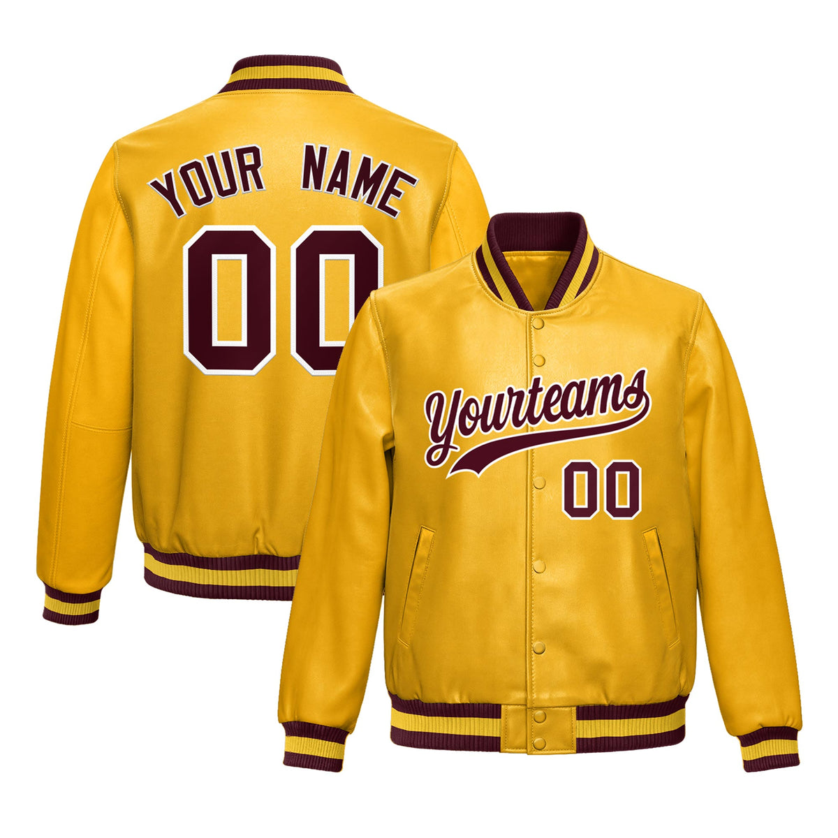 Custom Yellow Crimson Jacket Full-Snap Varsity Faux Leather Letterman Jacket
