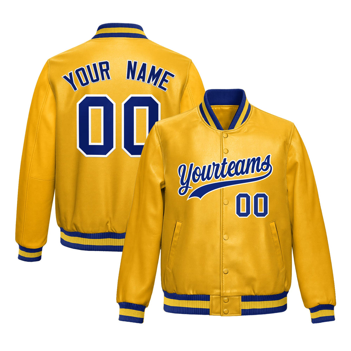 Custom Yellow Royal Blue Jacket Full-Snap Varsity Faux Leather Letterman Jacket