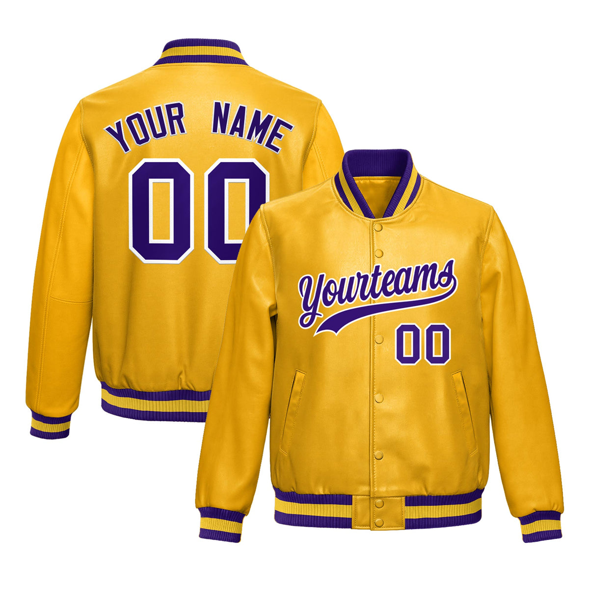 Custom Yellow Purple Jacket Full-Snap Varsity Faux Leather Letterman Jacket