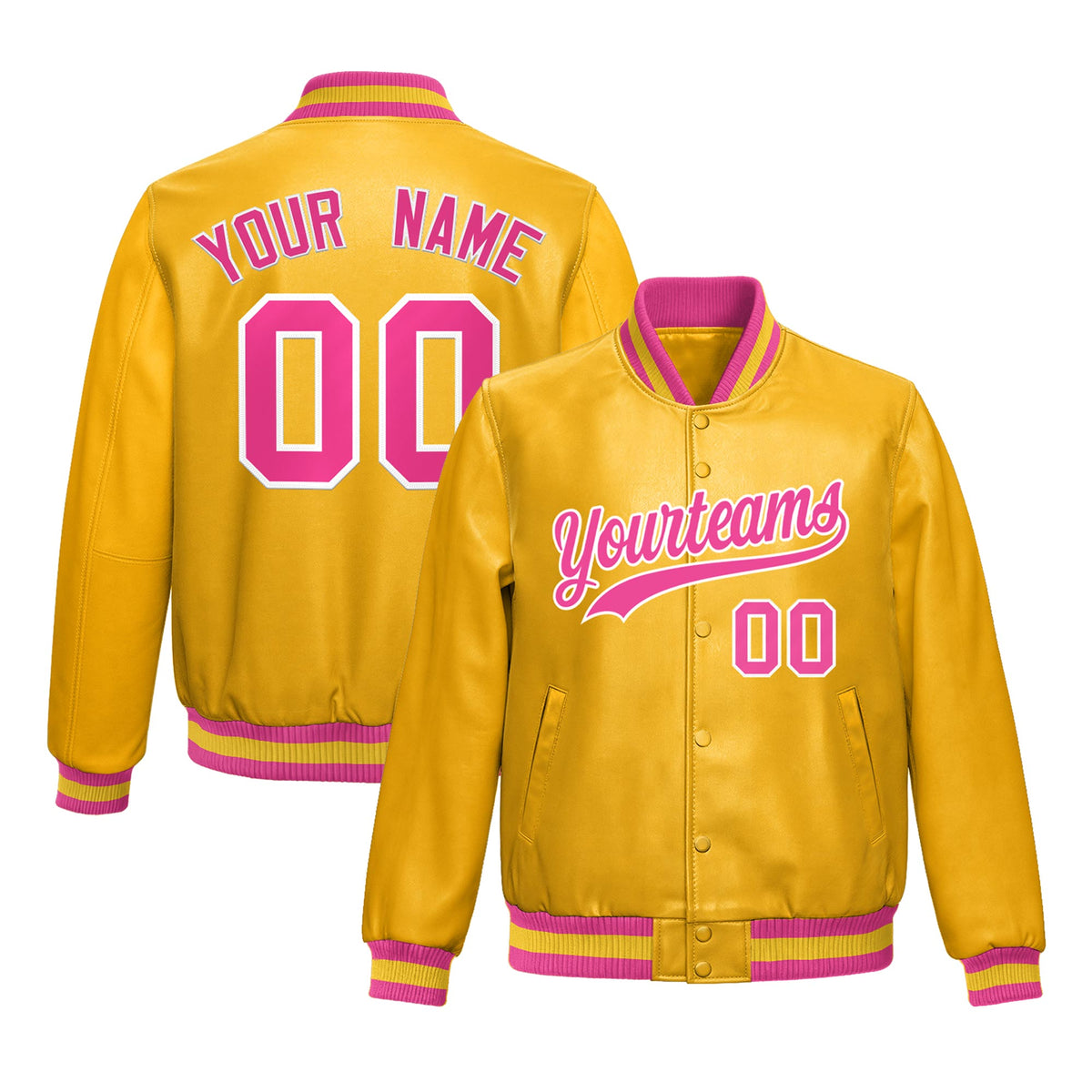 Custom Yellow Pink Jacket Full-Snap Varsity Faux Leather Letterman Jacket