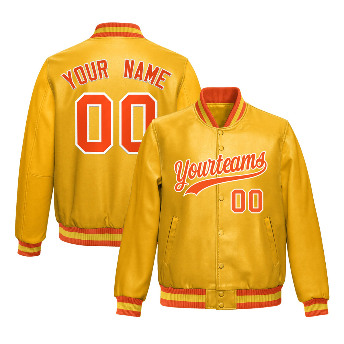 Custom Yellow Orange Jacket Full-Snap Varsity Faux Leather Letterman Jacket