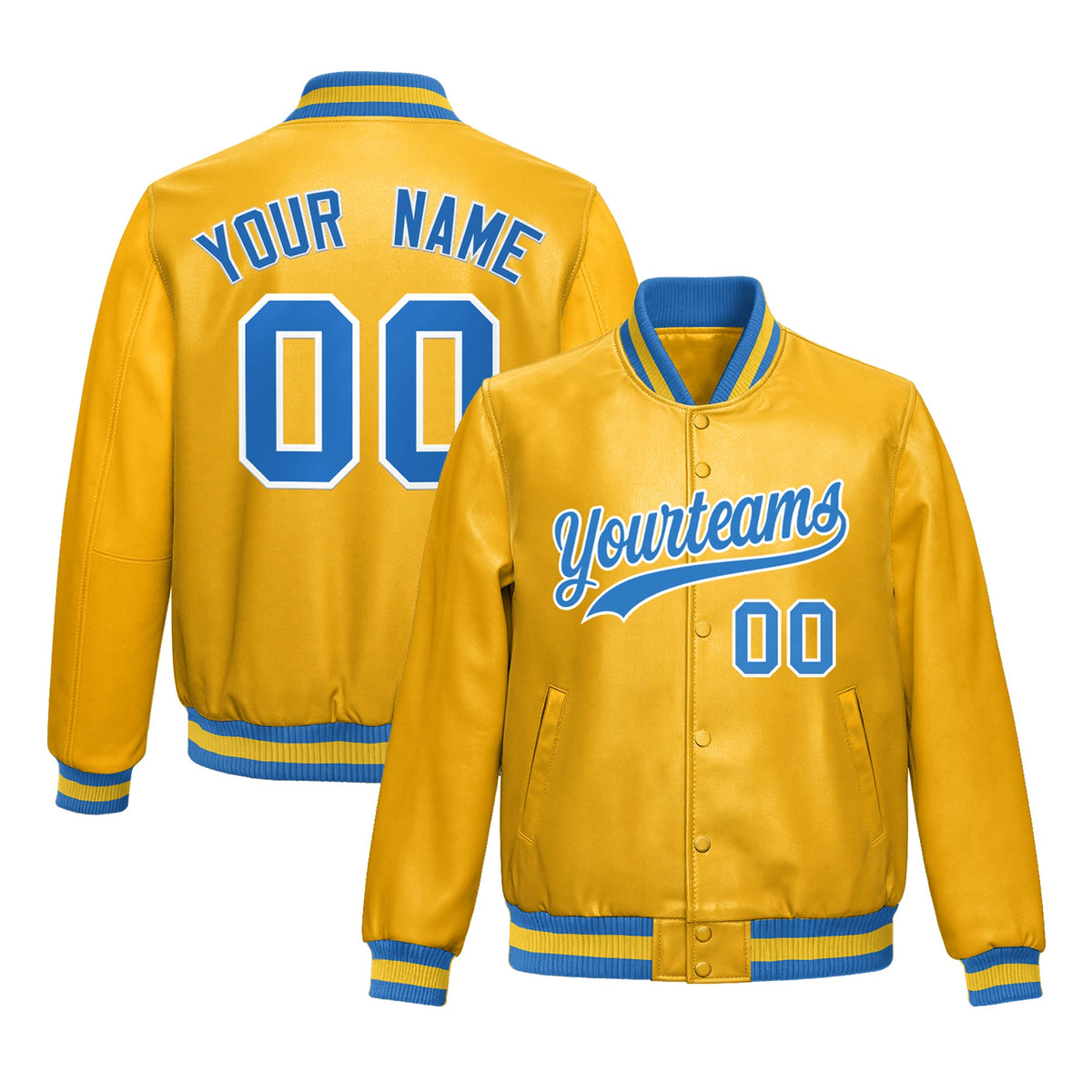 Custom Yellow Light Blue Jacket Full-Snap Varsity Faux Leather Letterman Jacket