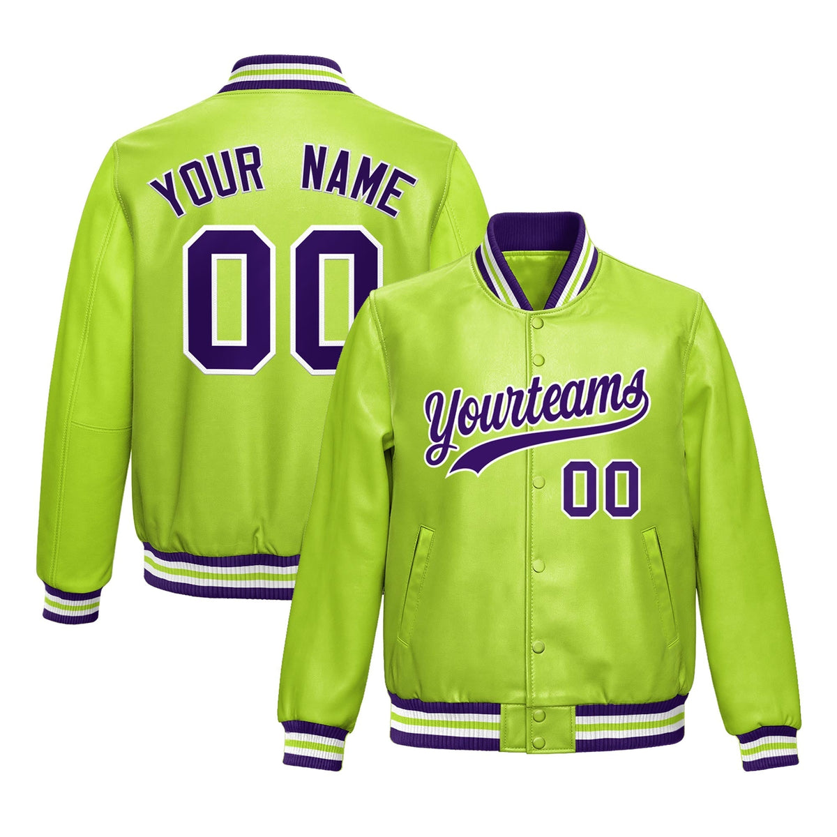 Custom Neon Green Purple Jacket Full-Snap Varsity Faux Leather Letterman Jacket