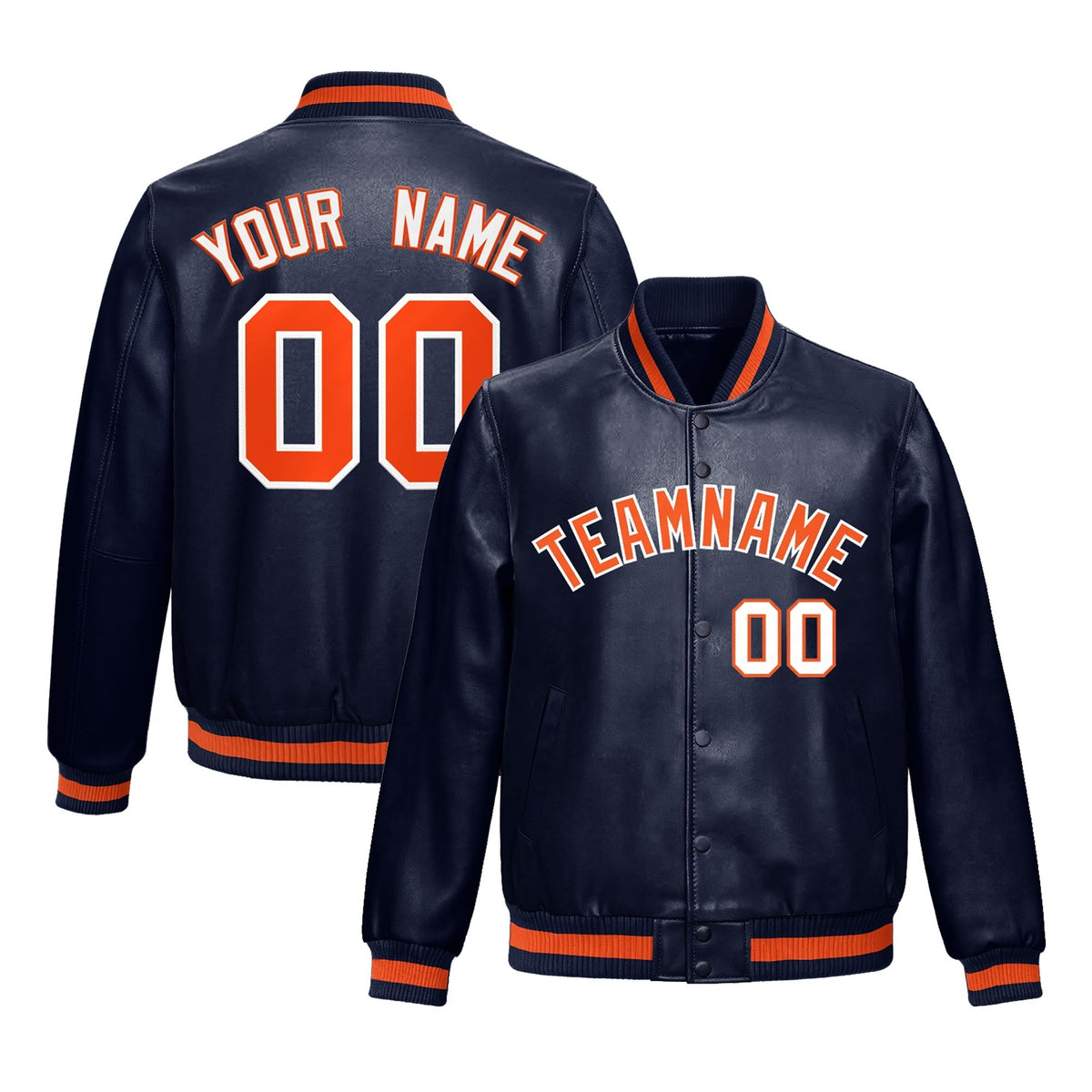 Custom Navy Orange Full-Snap Varsity Faux Leather Letterman Jacket| KXKSHOP