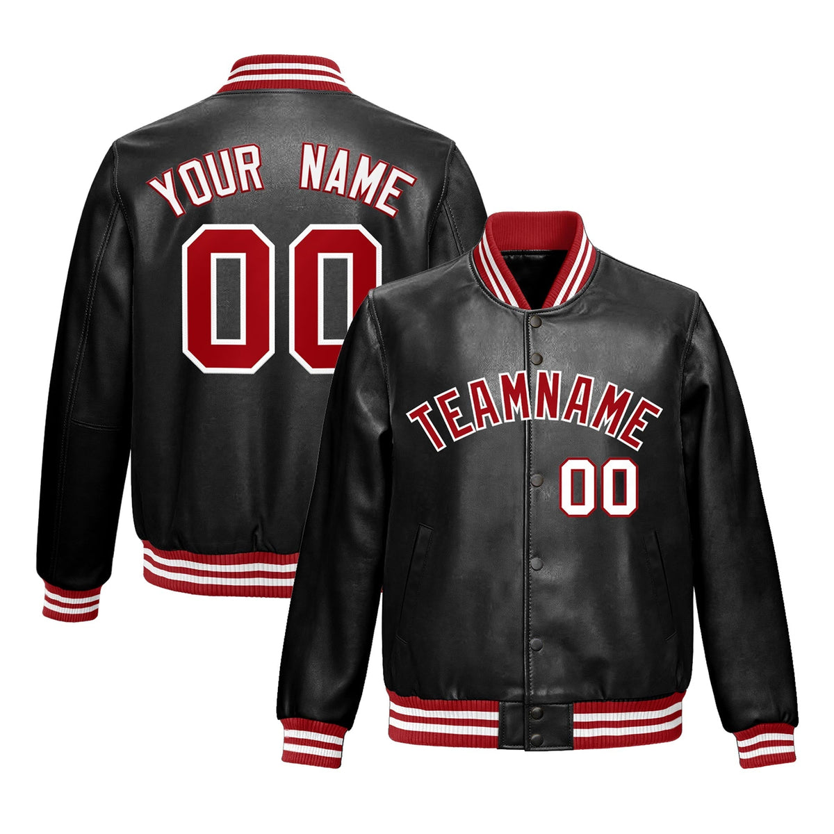 Custom Black Red White Full-Snap Varsity Faux Leather Letterman Jacket| KXKSHOP