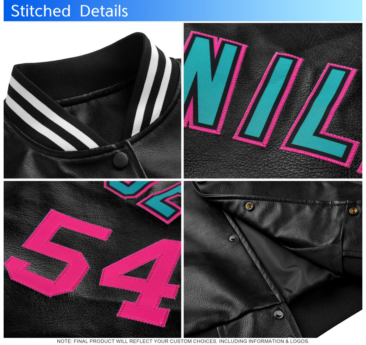 Custom Black Pink White Jacket Full-Snap Varsity Faux Leather Letterman Jacket