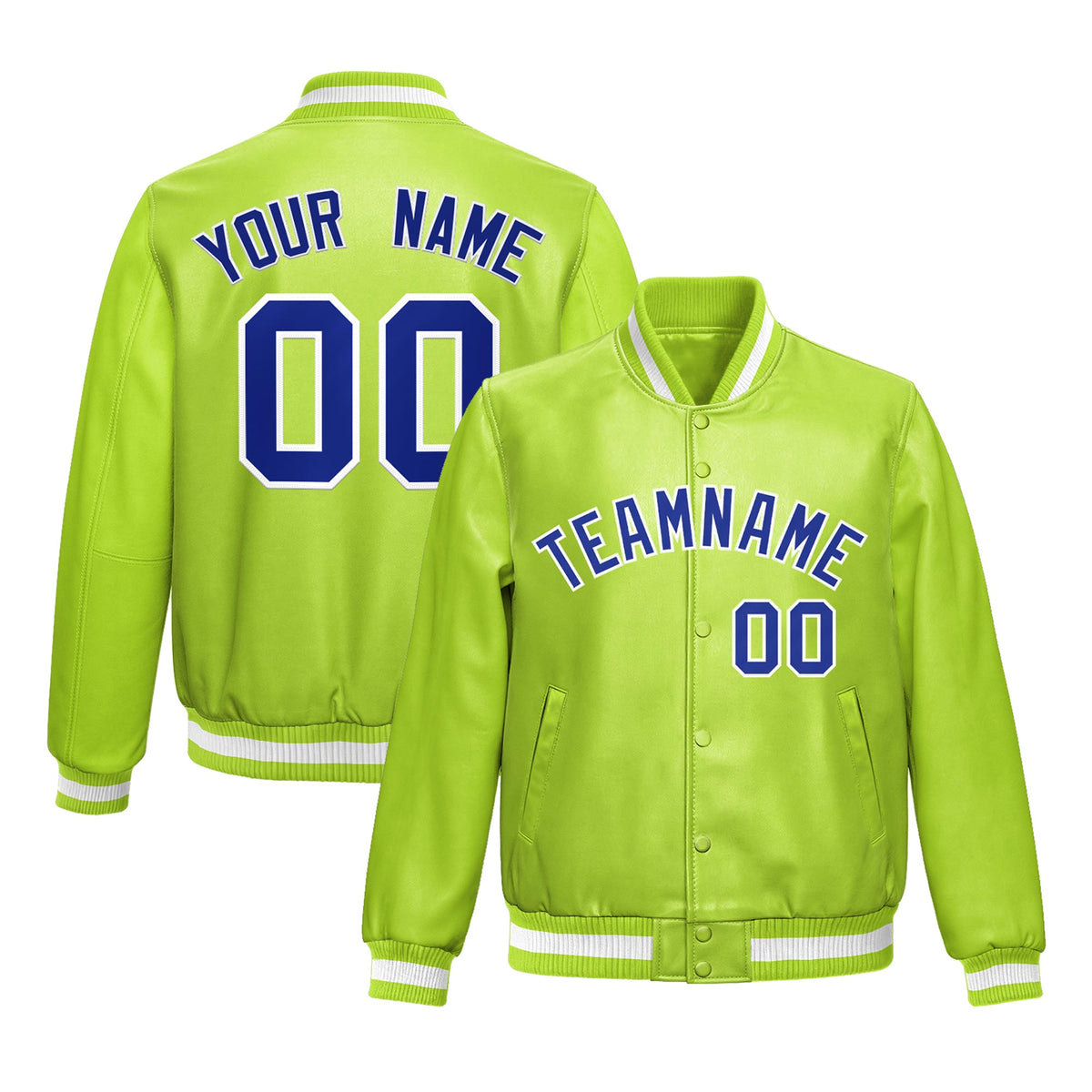 Custom Neon Green Royal Blue Full-Snap Varsity Faux Leather Letterman Jacket| KXKSHOP