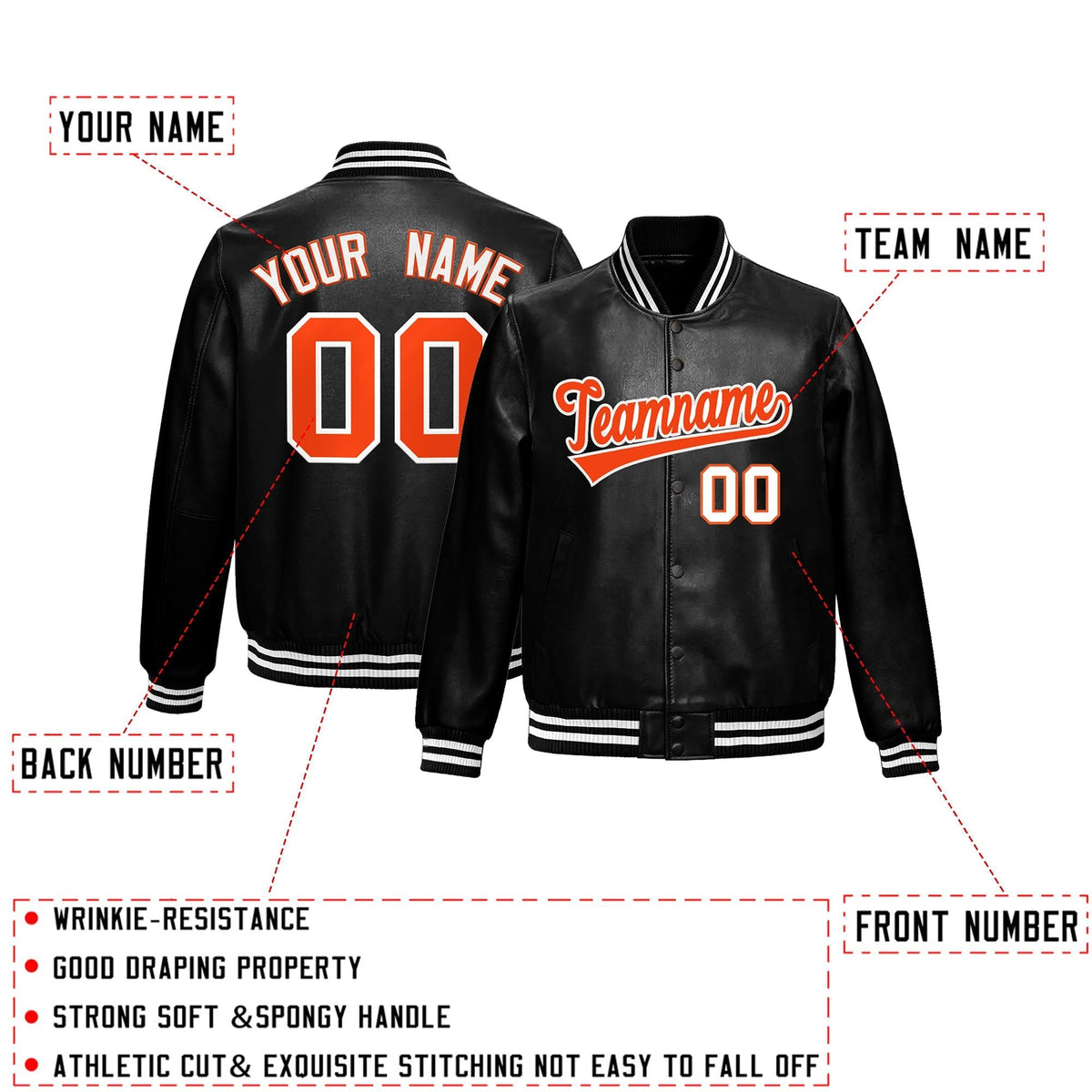 Custom Black Orange White Full-Snap Varsity Faux Leather Letterman Jacket| KXKSHOP