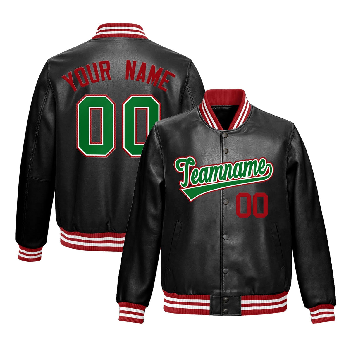 Custom Black Red Kelly Green Full-Snap Varsity Faux Leather Letterman Jacket| KXKSHOP