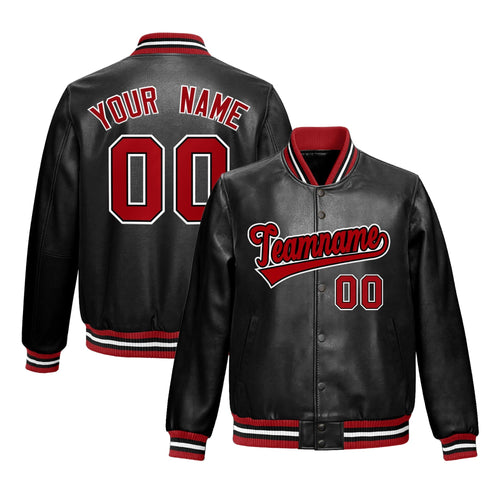 Custom Black Red Full-Snap Varsity Faux Leather Letterman Jacket| KXKSHOP