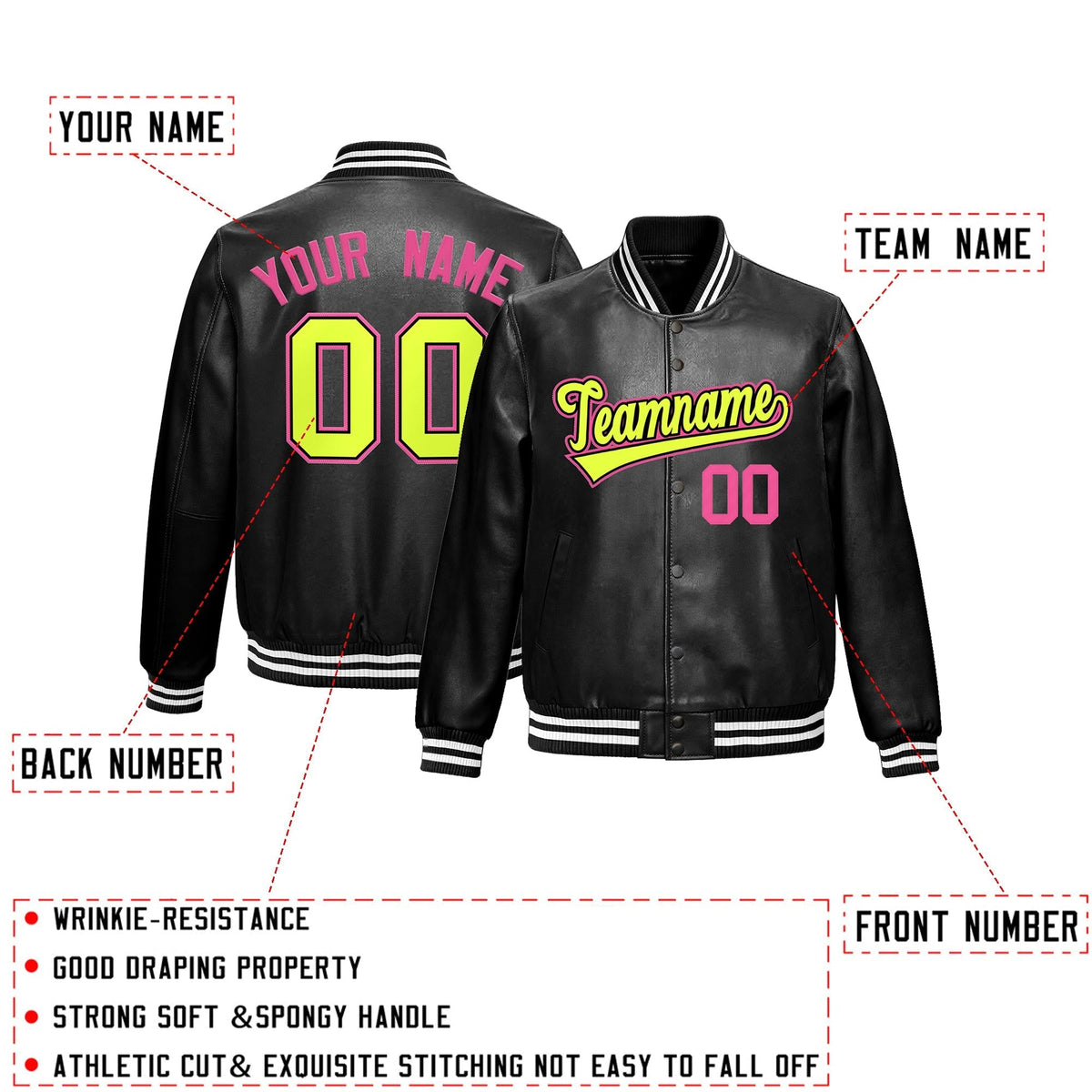 Custom Black Fluorescent Green Full-Snap Varsity Faux Leather Letterman Jacket| KXKSHOP