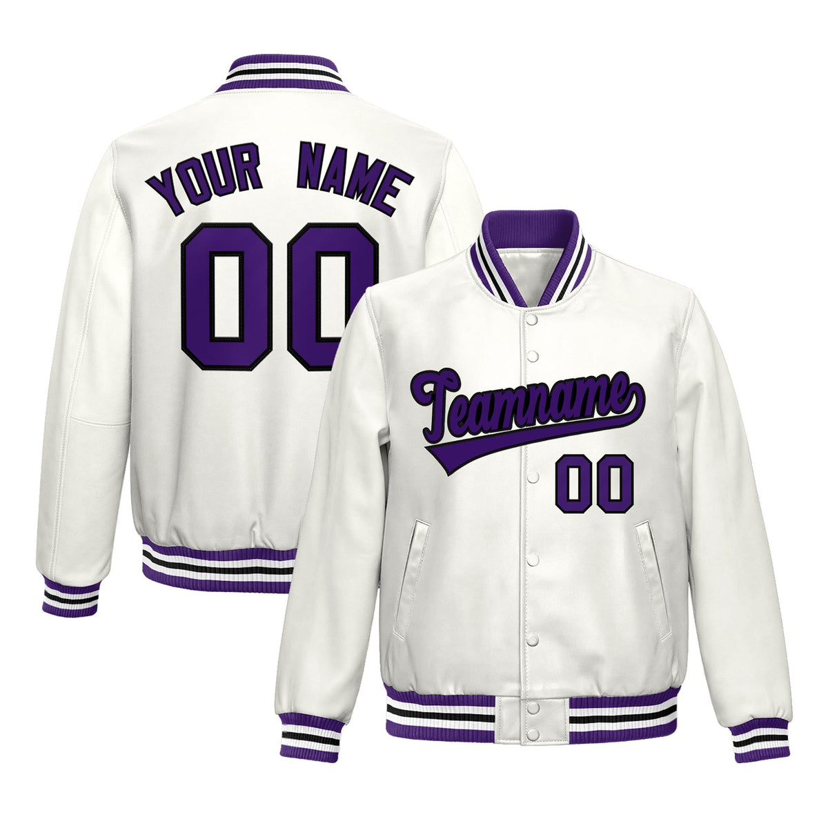 Custom White Purple Full-Snap Varsity Faux Leather Letterman Jacket| KXKSHOP