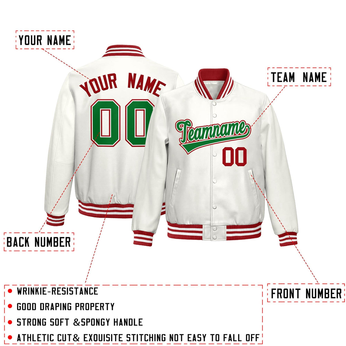 Custom White Kelly Green Full-Snap Varsity Faux Leather Letterman Jacket| KXKSHOP