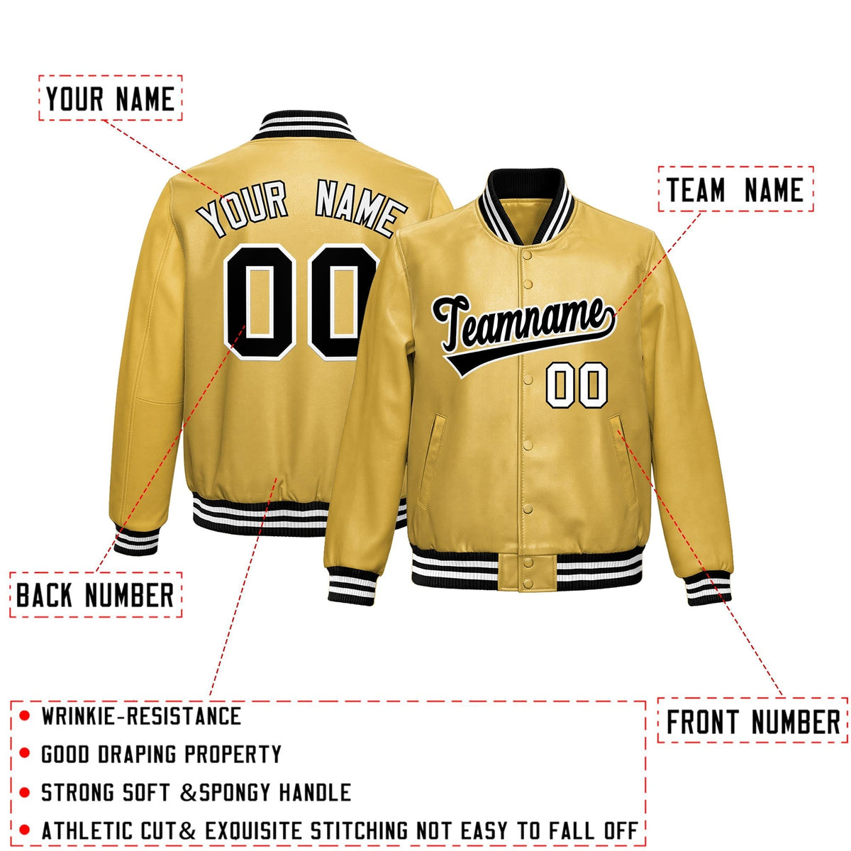 Custom Khaki Black Full-Snap Varsity Faux Leather Letterman Jacket| KXKSHOP