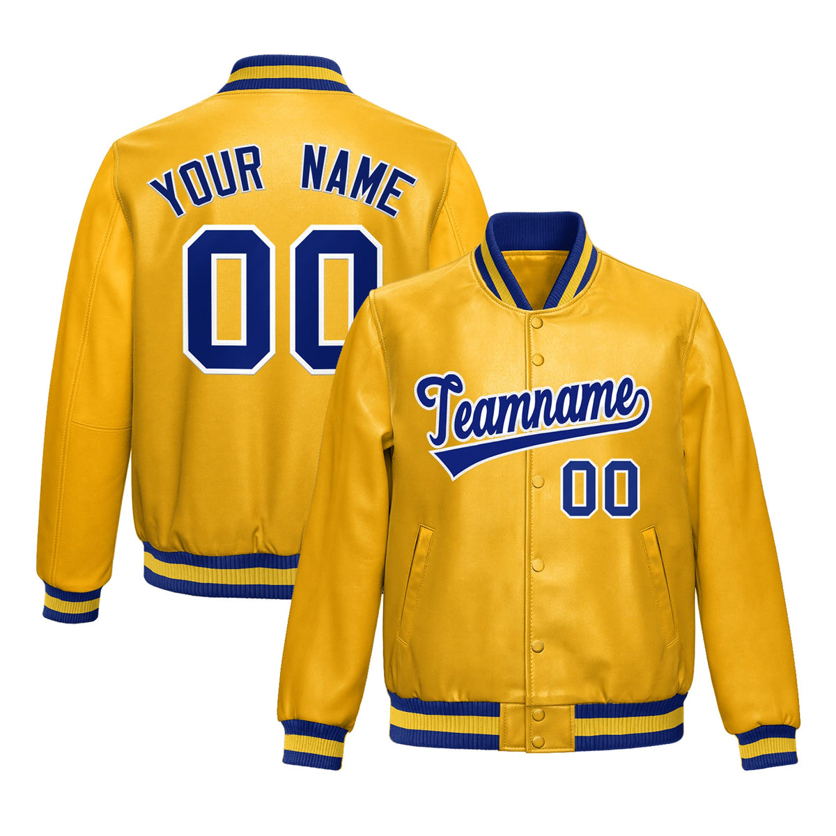 Custom Yellow Royal Blue Full-Snap Varsity Faux Leather Letterman Jacket| KXKSHOP