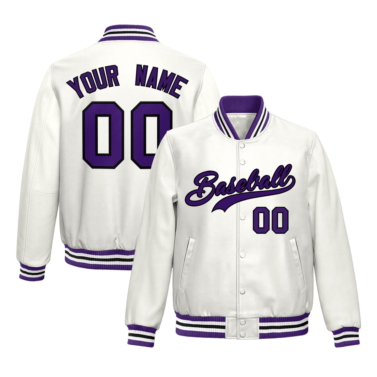 Custom White Purple Full-Snap Varsity Faux Leather Letterman Jacket| KXKSHOP