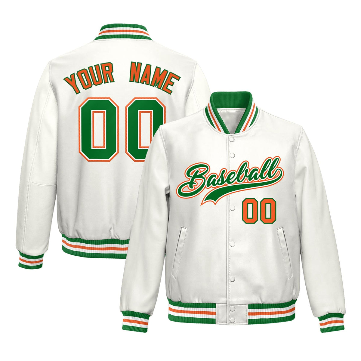 Custom White Kelly Green Orange Full-Snap Varsity Faux Leather Letterman Jacket| KXKSHOP