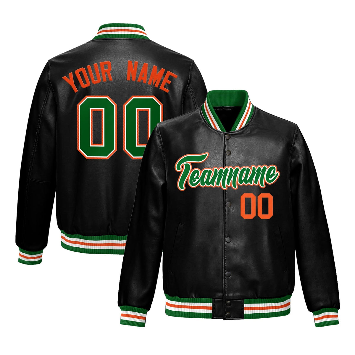 Custom Black Kelly Green Full-Snap Varsity Faux Leather Letterman Jacket| KXKSHOP