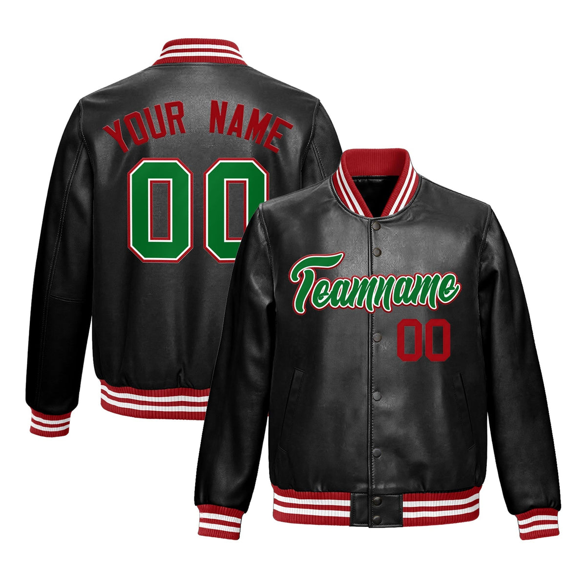 Custom Black Red Kelly Green Full-Snap Varsity Faux Leather Letterman Jacket| KXKSHOP