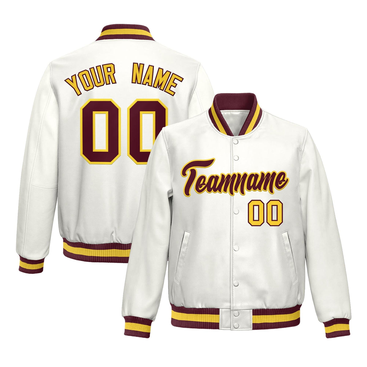 Custom White Crimson Yellow Full-Snap Varsity Faux Leather Letterman Jacket| KXKSHOP