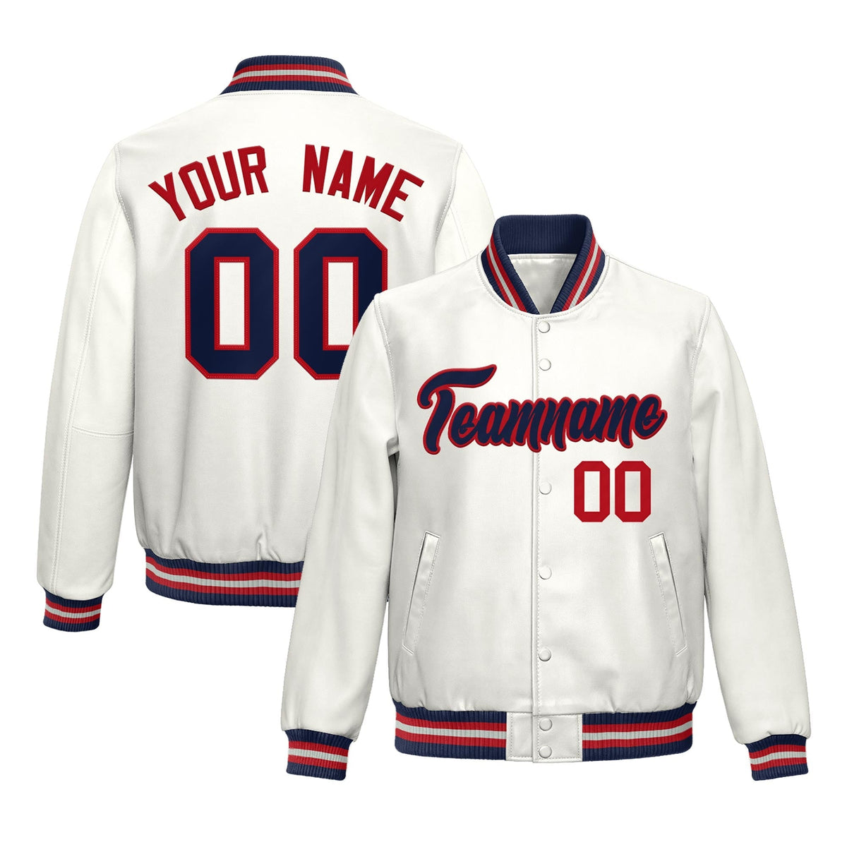 Custom White Navy Red Full-Snap Varsity Faux Leather Letterman Jacket| KXKSHOP