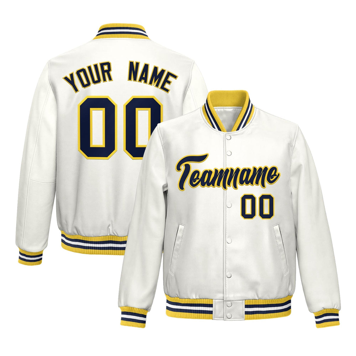 Custom White Yellow Navy Full-Snap Varsity Faux Leather Letterman Jacket| KXKSHOP