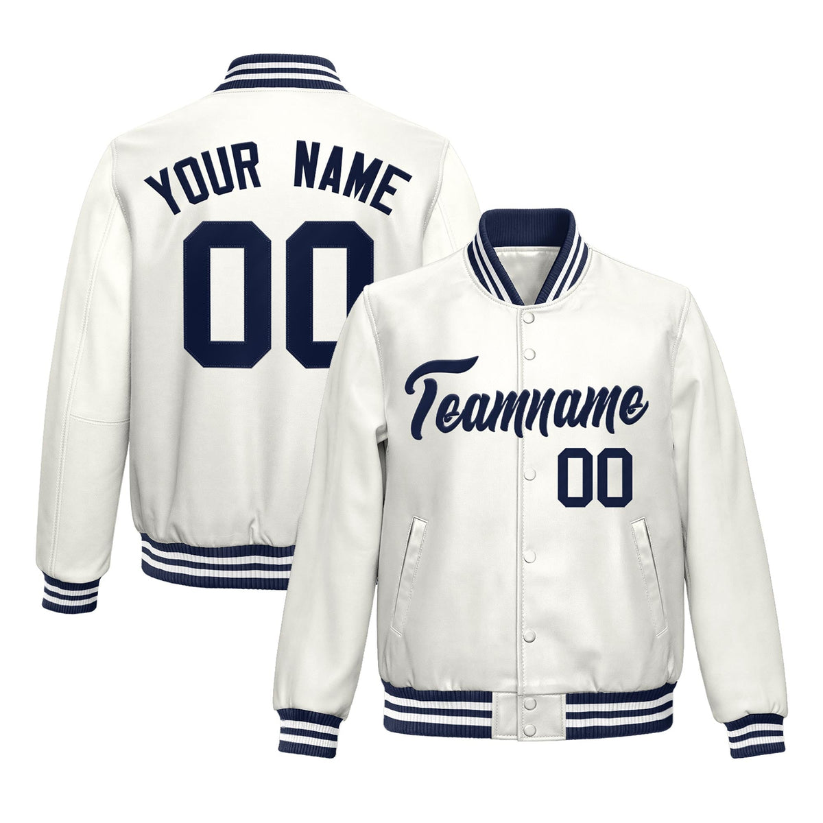 Custom White Navy Full-Snap Varsity Faux Leather Letterman Jacket| KXKSHOP