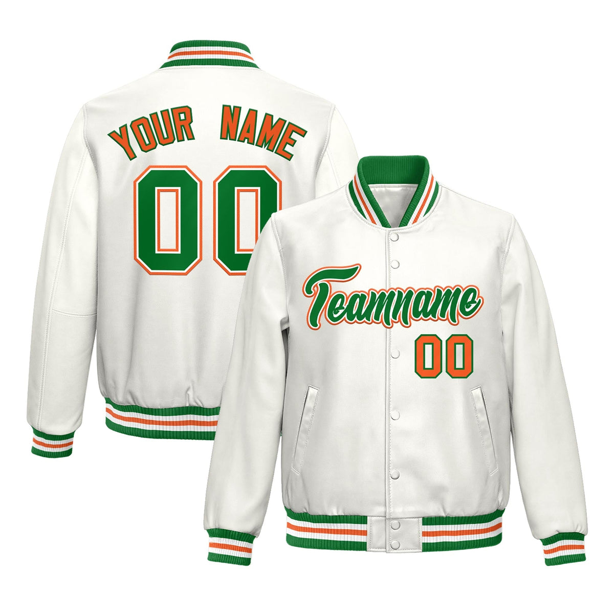 Custom White Kelly Green Orange Full-Snap Varsity Faux Leather Letterman Jacket| KXKSHOP