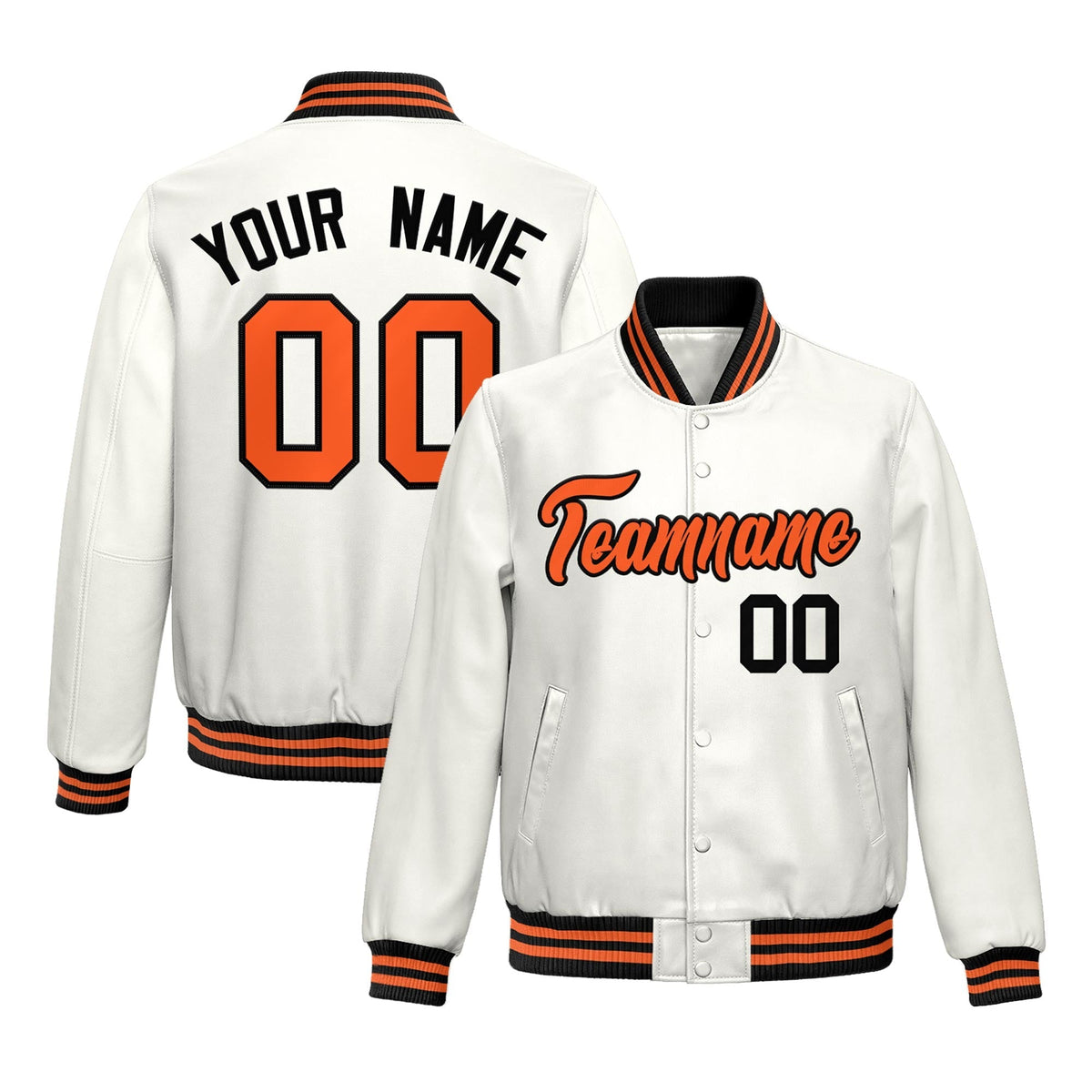 Custom White Orange Full-Snap Varsity Faux Leather Letterman Jacket| KXKSHOP