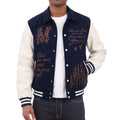 Whispering Forest Embroidered Varsity Jacket - Navy Blue and White Collared Letterman Jacket