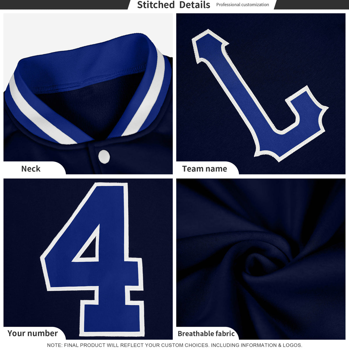 Custom Navy Royal Full-Snap Letterman Jackets Coats and Personalized Stitched Varsity