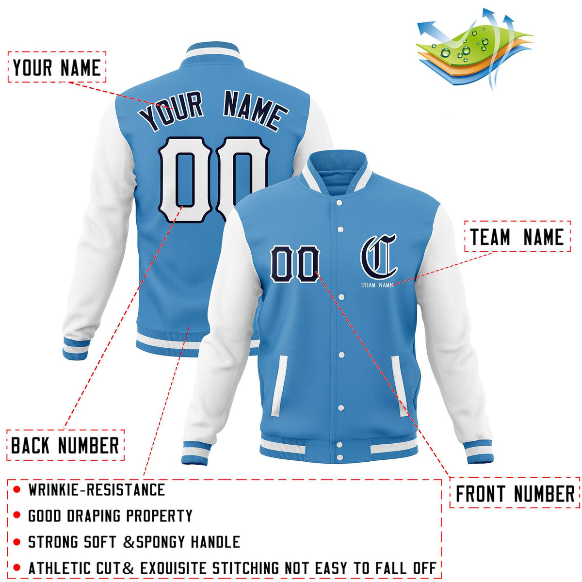 Custom Light Blue White Full-Snap Varsity Jackets Stitched Name Number